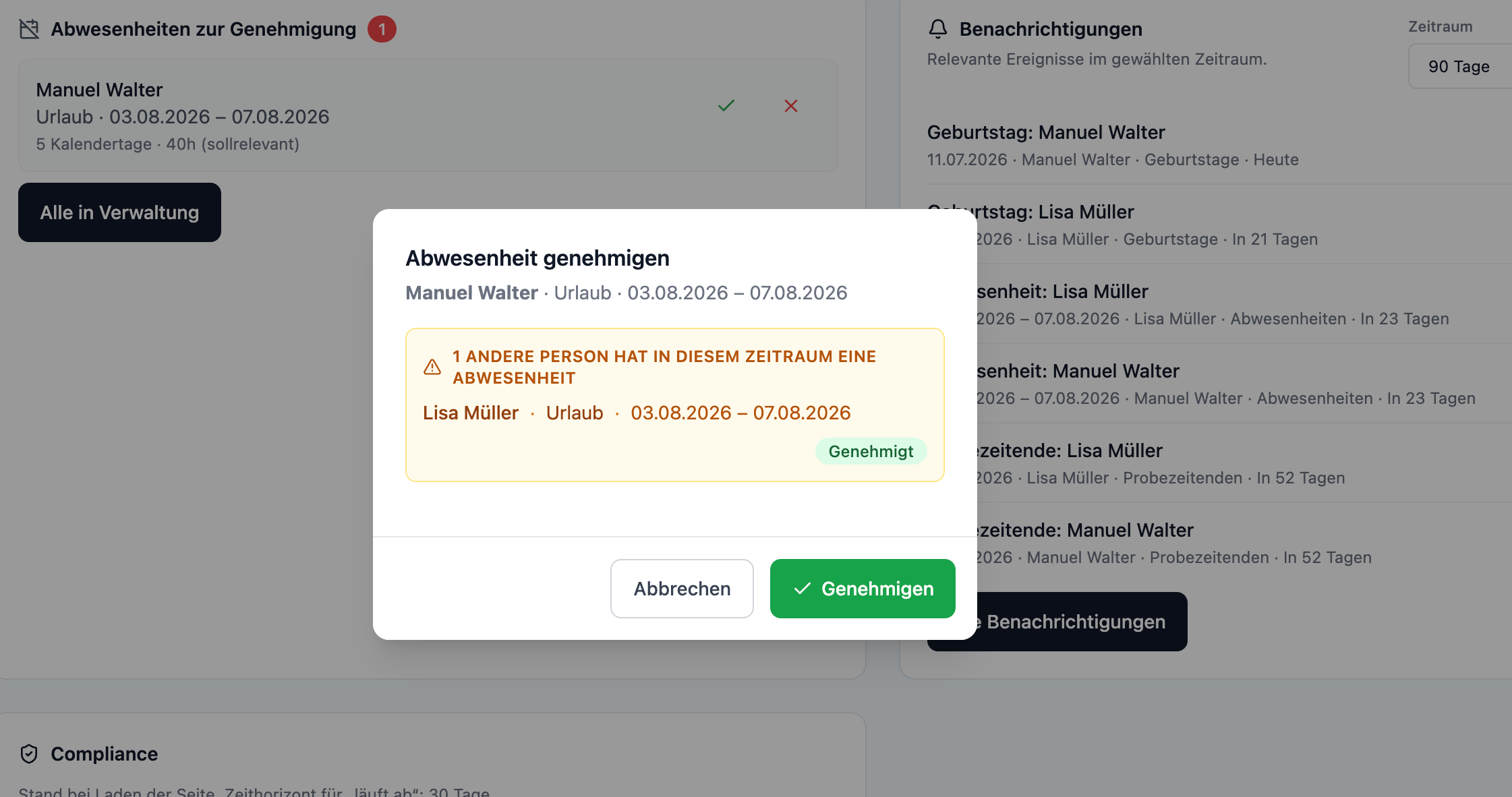 Dialog zur Genehmigung eines Urlaubsantrags mit Hinweis auf eine zeitgleiche Abwesenheit