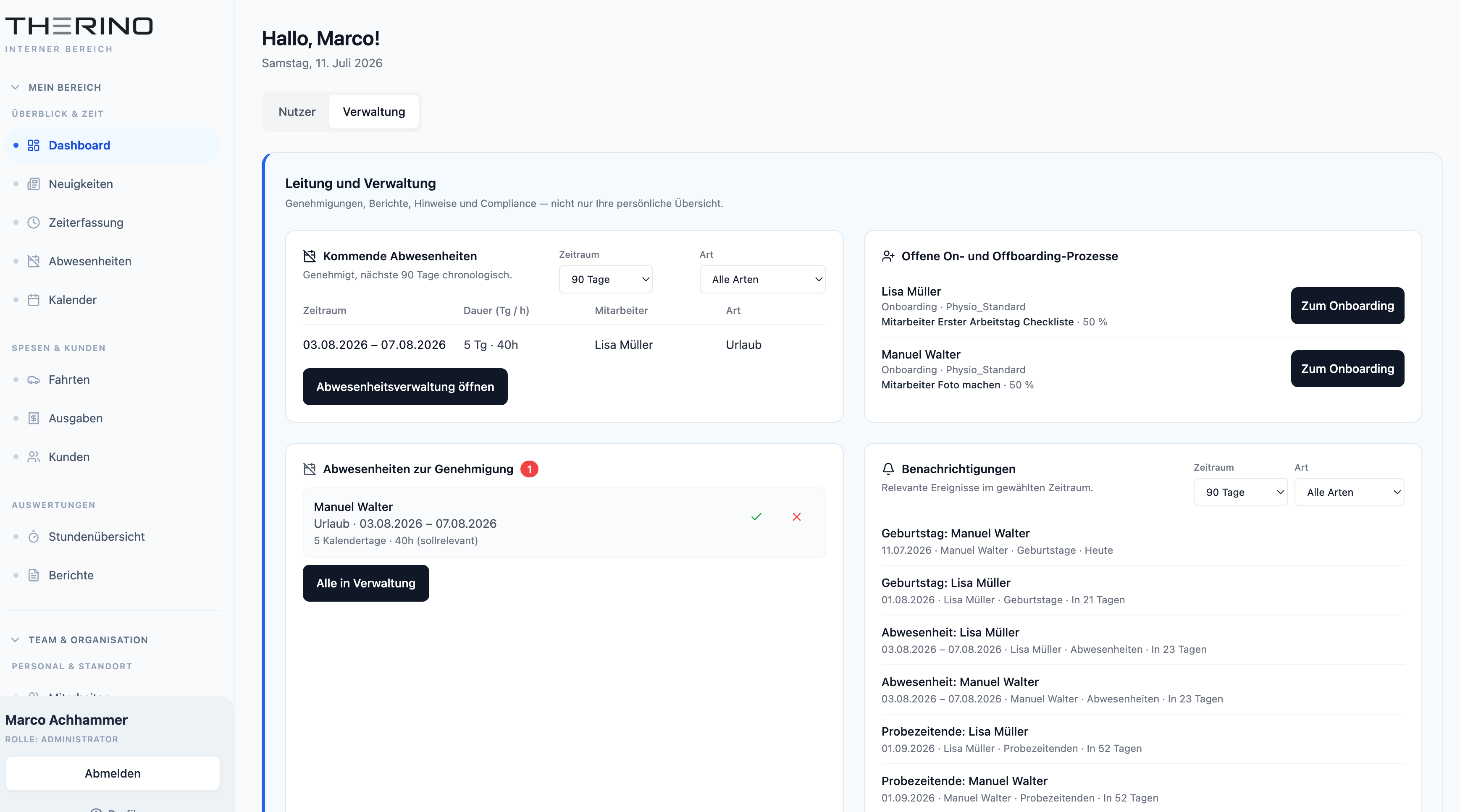 Verwaltungsdashboard von Therino mit kommenden Abwesenheiten, offenen Onboarding-Prozessen, Genehmigungen und Erinnerungen